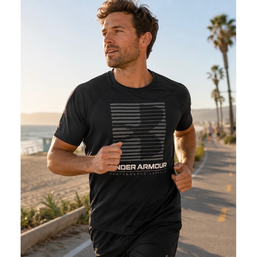 Under Armour Mens Large Velocity Graphic Performance Shirt Black Loose HeatGear